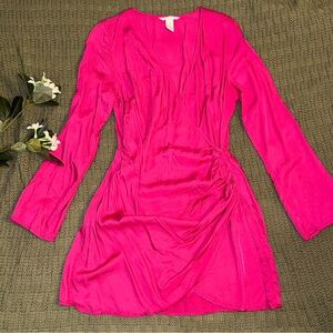H&M Pink Ruched Wrap Dress with Bishop Sleeves